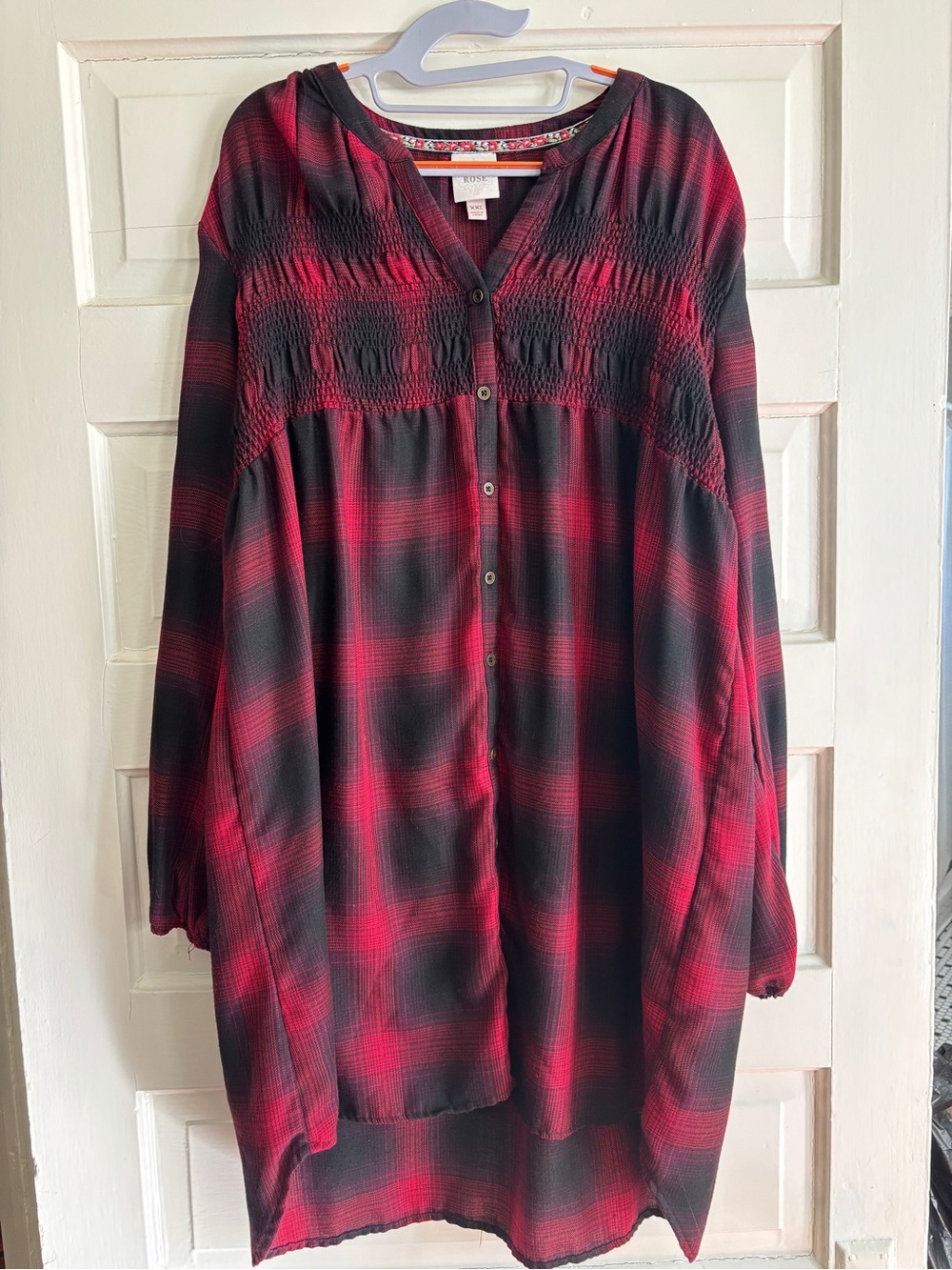 Knox Rose Plaid Tunic Top XXL Red Black Smocked Boho Button Front